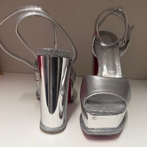 Christian Louboutin Silver Metallic Platform Block Sandals with Ankle Strap